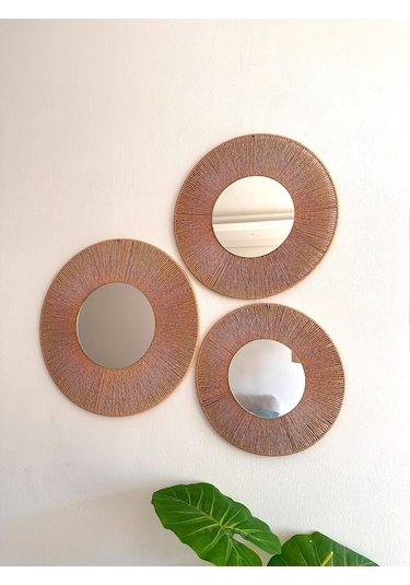 Üçlü Yuvarlak Bohem Ayna Seti & Dekoratif Ayna - 40 X 40 / Çok Renkli Çok Renkli