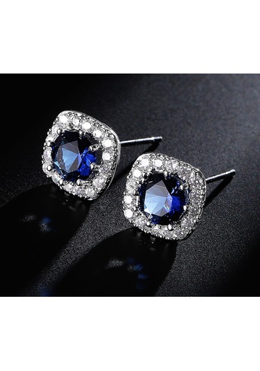 Monemel Lacivert Kristal Taşlı Küpe Altın Kaplama Gümüş - Rodyum