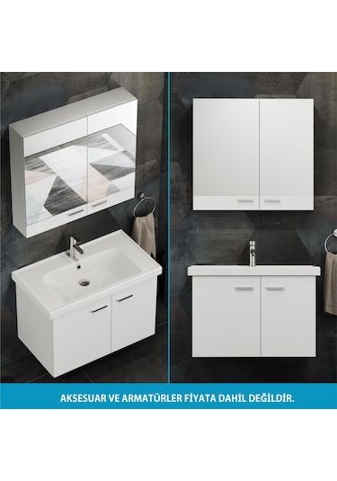 Aqua Bagno Basic Alt Dolap + Üst Dolap -lavabo Dahil-beyaz ,80 Cm. 3 Parça Beyaz