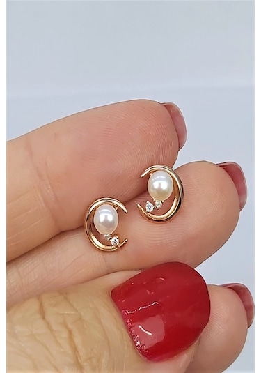 925 Ayar Rose Renk Hilal Içi Incili Gümüş Küpe