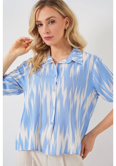 Defymoda Desenli Kısa Kol Crop Gömlek 20337 - Mavi Mavi