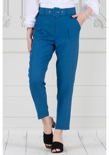 Sevitli Beli Kemerli Pileli Kalem Pantolon-mavi-3681-mavi Mavi