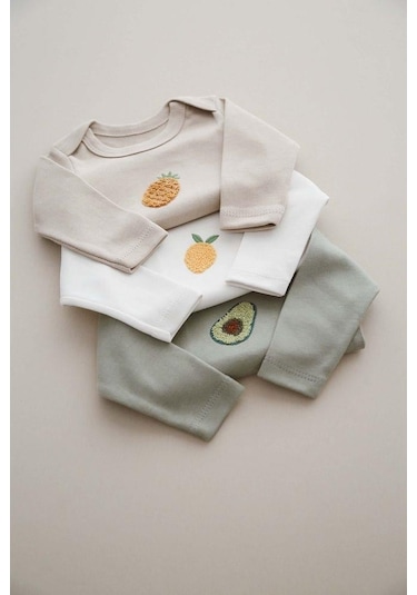 3lü Nakışlı Çıt Çıtlı Uzun Kollu Body-zıbın Model 3 Vizon