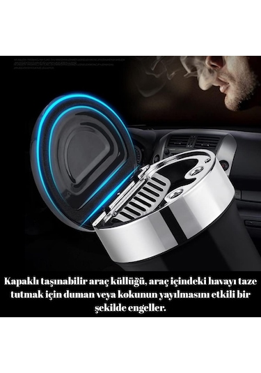 Araç İçi Küllük Pusulalı Işıklı Kapaklı Kokusuz Paslanmaz Çelik İçli Oto Küllüğü Gümüş Glz03504054