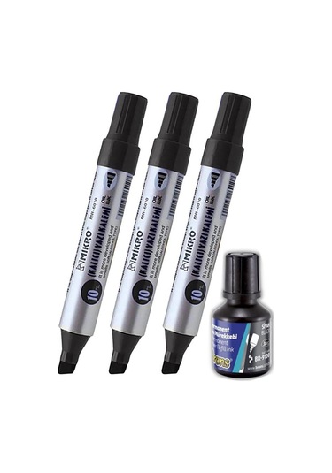 Siyah 10 Mm Kesik Uçlu Markör Permanent Kalem 3 Adet Ve Siyah Mürekkep 1 Adet Çuval Koli Kalemi