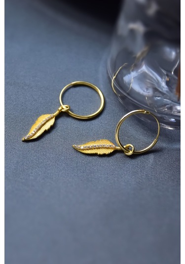 925 Ayar Gümüş Gold Kaplama Zirkon Taşlı Tüy Halka Küpe