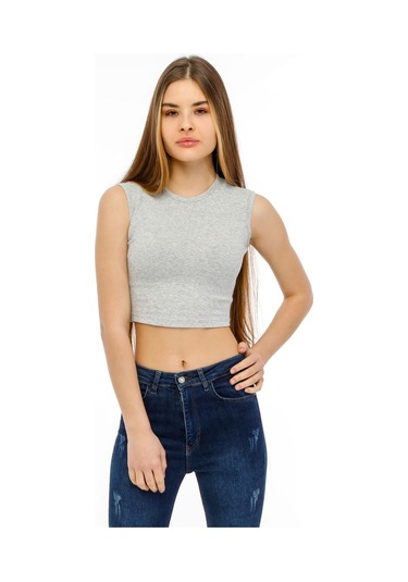 Bella Dossi Rahat Gri Kaşkorse Kolsuz Sıfır Yaka Kadın Crop Top Gri