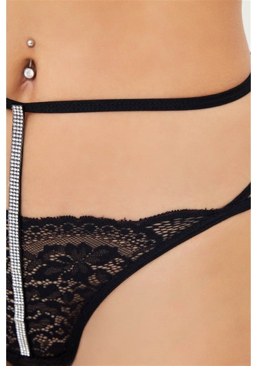Siyah Dantelli Taş Detaylı Ayarlanabilir Lastikli Kadın Tanga Külot Siyah