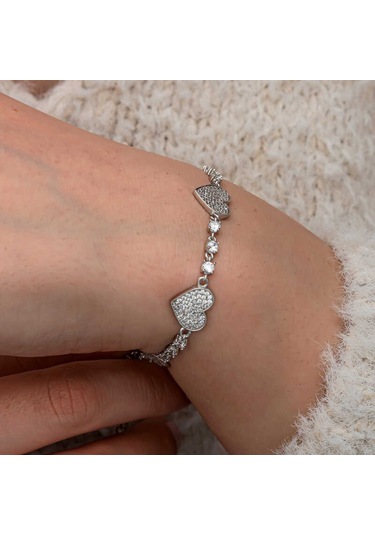 Artsmagazinmücevher Gümüş Zirkon Taşlı Sıralı Kalp Kadın Bileklik