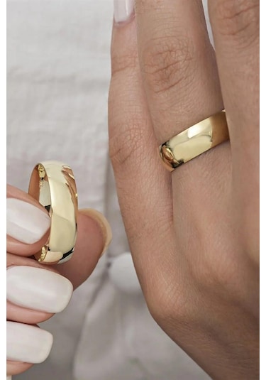 Altın Kaplama 6Mm Bombeli Gümüş Alyans Çifti Tektaş Hediye Al44