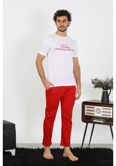 Lenaca Erkek Kısa Kol Penye Beyaz Pijama Takımı Beyaz