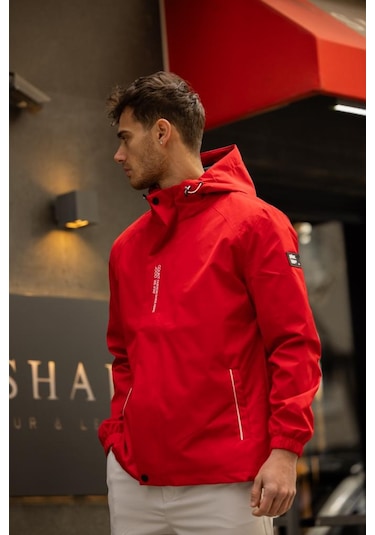 Yeast İçi Astarlı Suya Dayanıklı Kapşonlu Fermuarlı Yağmurluk - Kırmızı Kırmızı