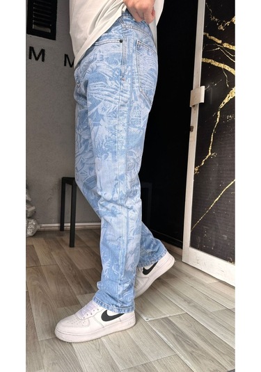 Erkek Mixxed Patern Baggy Jeans 33 Buz Mavi