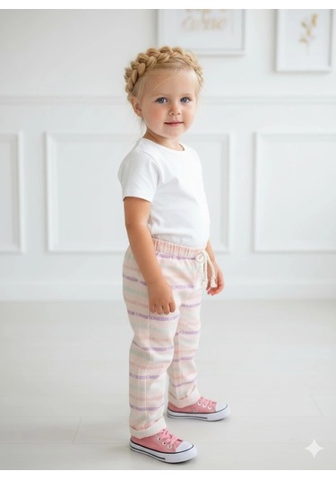Kız Çocuk Desenli 3 Lü Paket Gündelik Rahat Pantolon Seti 2-7 Yaş Pembe-pudra-a.pembe