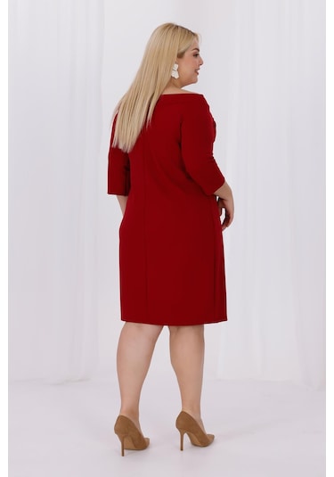 Kadın Bordo Carmen Yaka Truvakar Kol Büyük Beden Esnek Krep Elbise Bordo