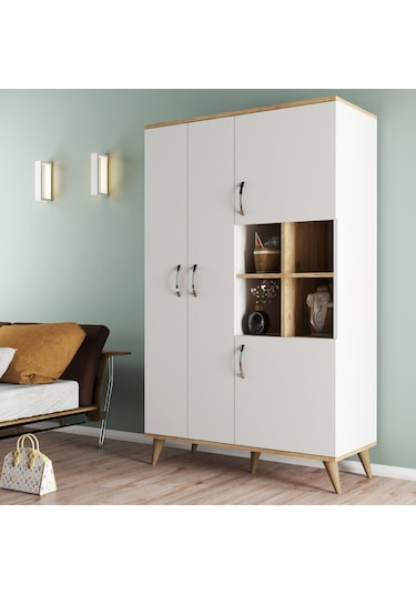 Maxi 4 Kapaklı Askılıklı Raflı Çok Amaçlı Dolap Beyaz-Çam - Grd01