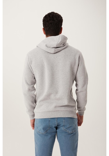 Erkek Kapüşonlu Kanguru Cep 3 İplik Sweatshirt Gri Melanj