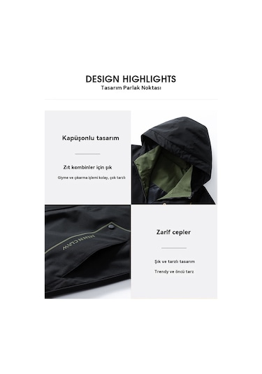 Erkekler İçin Su Geçirmez Ve Rüzgar Geçirmez Sonbahar Ve Kış Ceketi Siyah