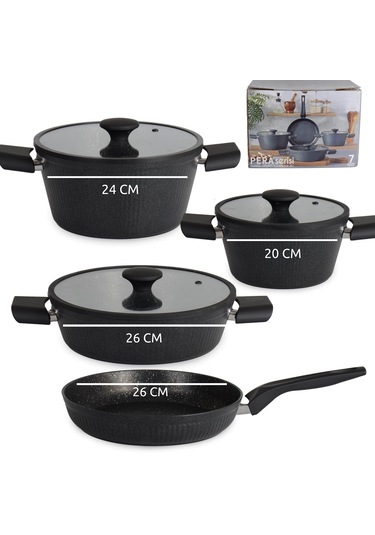 7 Parça İndüksiyon Cam Kapaklı Titanyum Kaplama Tencere Ve Tava S