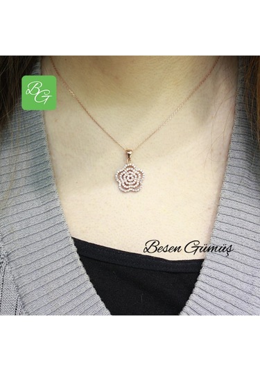 Çiçek Figürlü Taşlı Set Rose Gold - Gümüş