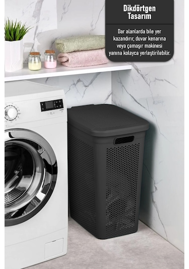İronika Slim İki Bölmeli Kapaklı Dekoratif Kirli Çamaşır Sepeti 90 Litre Siyah - Beyaz Siyah
