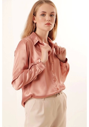 3964 Hafif Dökümlü Saten Gömlek - Camel CAMEL Camel