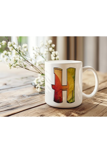 H Harf Yaprak Renkleri İle Kupa Bardak - Kişiye Özel Alfabe Harfli Bardak - Hediye Beyaz