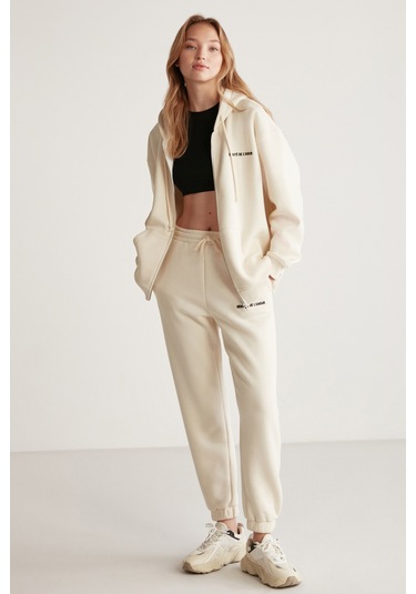 Ametıs Kadın Oversize Organik Pamuklu Metal Fermuarlı Kapüşonlu Vanilya Sweatshirt