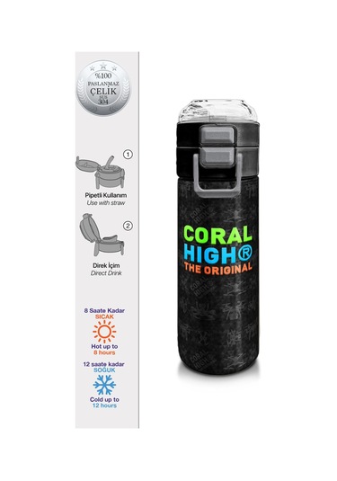 Coral High Kids Siyah Drone Desenli Pipetli Ve Direkt İçim Çelik Termos 500 Ml 31891 Siyah