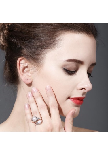 Beyaz Lsooyh Moda Yaprak Tasarım Çift İnci Yüzük Doğal Tatlı Su Inci Yüzükler Kadınlar Için Beyaz