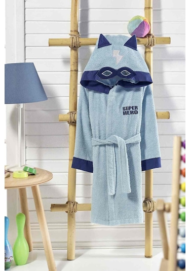 Formeya Kapşonlu Çocuk Bornoz %100 Pamuk Su Emici Mavi Hero Mavi