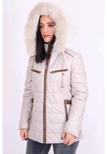 Ekru Hakiki Deri Kürklü Çıkarılabilir Kapüşonlu Kapitoneli Mont K