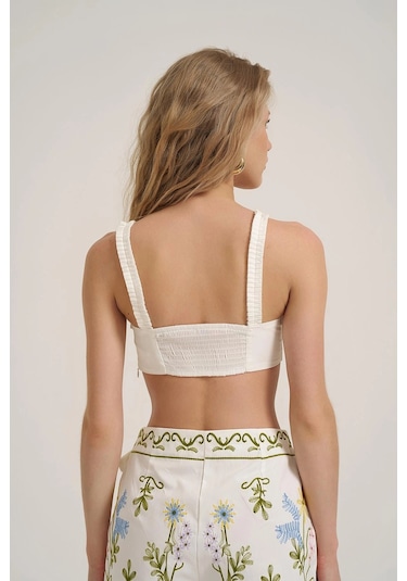 Ollacollection Nakış Detaylı Crop Bluz Ekru