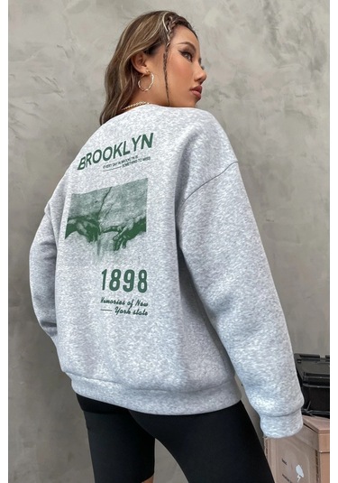 Modagen Unisex Gri Brooklyn 1898 Baskılı Bisiklet Yaka Oversize Sweatshirt Gri