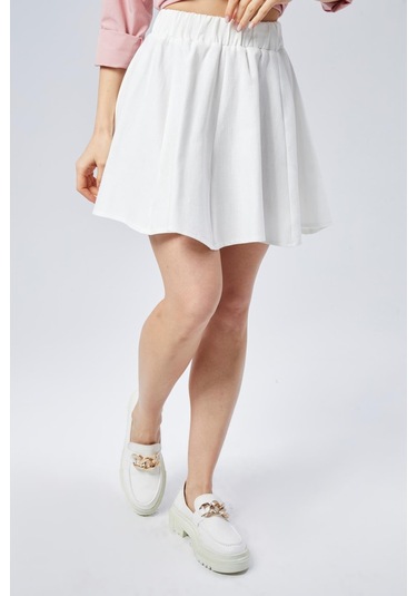 Nurören Flamlı Keten Parçalı Kısa Kloş Kadın Etek-beyaz-02 Beyaz