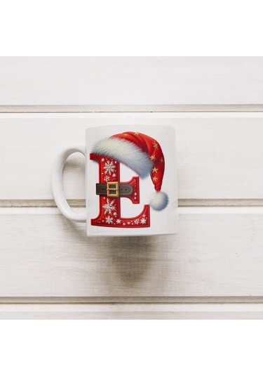 E Harfi Yılbaşı Temalı Bardak 330 Ml Harfli Kişiye Özel Hediye - Yeniyıl / Noel Şapka Tasarım Beyaz
