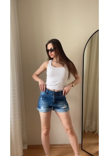 Pass&pass 2060 Kadın Lazerli Duble Paça Jeans Denim Kot Şort Mavi