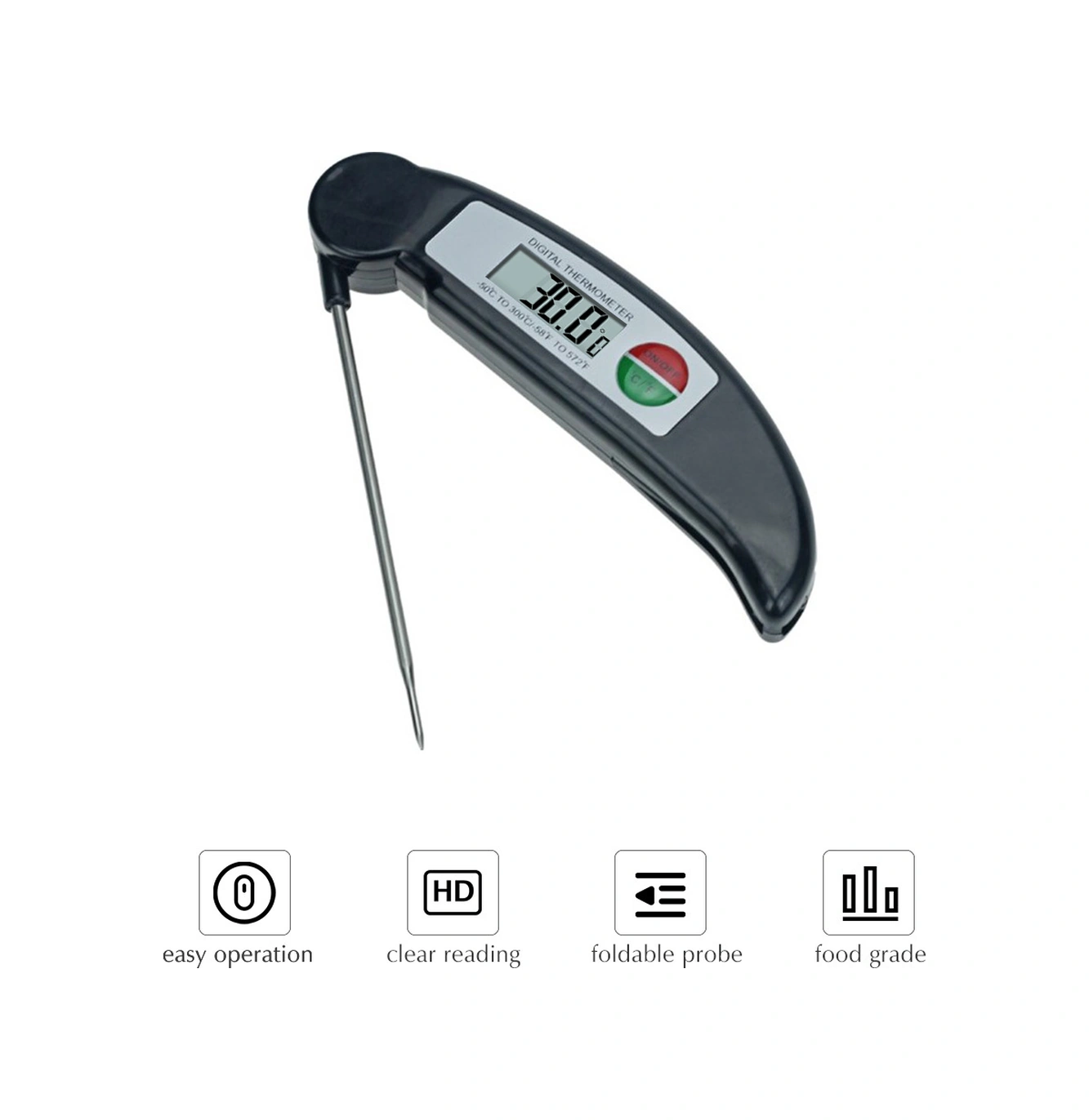 Youmex Katlanabilir Gıda Termometresi - Hızlı Ölçüm, Led Ekran, 304 Paslanmaz Çelik Sondaj, -50 C/+300 C Aralığı