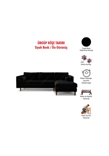 Ürgüp Modern Köşe Koltuk Takımı - Siyah - Sağ Köşe - Baby Face Yumuşak Kumaş Siyah