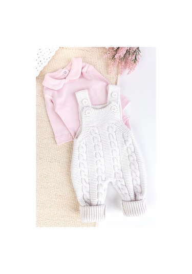 Triko Kışlık 2'li Kız Bebek Salopet Tulum Set Krem