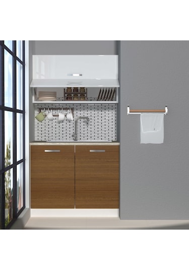 Decoraktiv Mini 100y Mdf Hazır Mutfak Dolabı - Tezgah Dahil - Ceviz Beyaz Beyaz - Ceviz