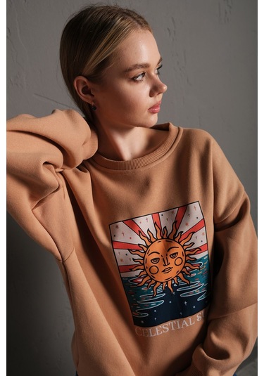 Kadın Gri Güneş Baskılı Oversize Sweatshirt Tw-Gnsswt Gri