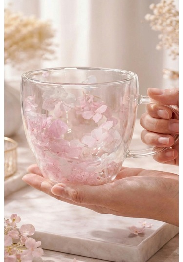 Makri Home Pembe Beyaz Çiçekli Çift Cidarlı Cam Kupa, 350 Ml, 11 Cm X 8 Cm Çok Renkli