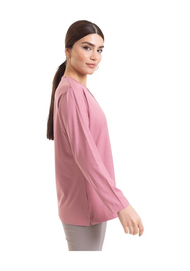 Kadın Orta Yaş ve Üzeri Dört Mevsim V Yaka Rahat Kalıp Likralı Viskoz Anne Penye Bluz 140-Pudra