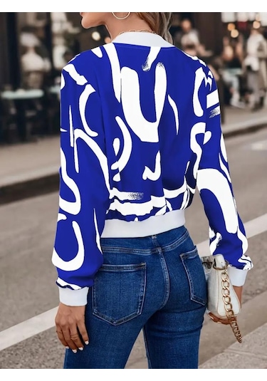 Kadın Uzun Kollu Önden Fermuarlı Kısa Şardonlu Dalgıç Ceket Saks Mavi