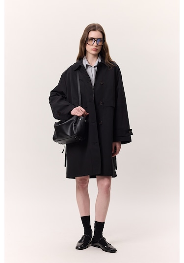 Bel Ayarlamalı Hafif Trençkot Siyah Siyah
