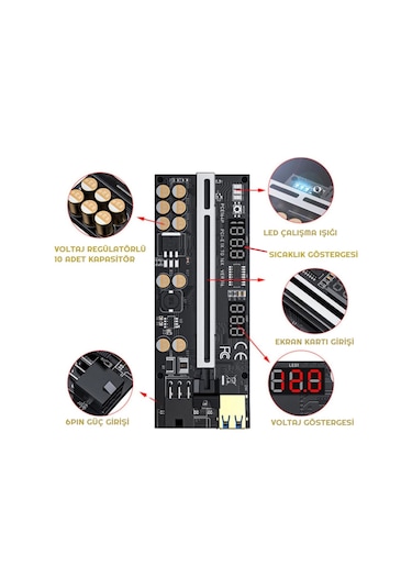 Unichrome Riser V016  PCI-E X16 10 Kapasitör Voltaj Regülatörlü Ekran Kartı Yükseltici