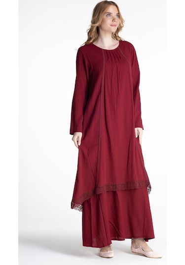 Uzun Kol Şile Bezi Nervürlü Uzun Elbise Bordo Brd-bordo