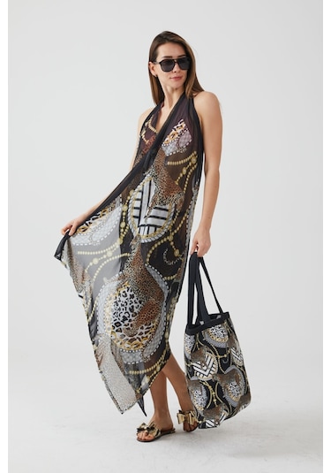 Ays Home Moda Leopar Desen Siyah Plaj Elbisesi Siyah