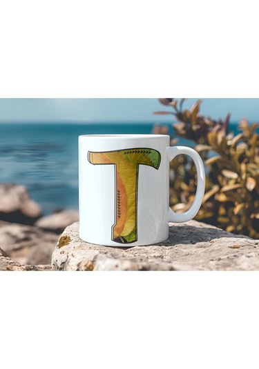 T Harf Yaprak Renkleri İle Kupa Bardak - Kişiye Özel Alfabe Harfli Bardak - Hediye Beyaz